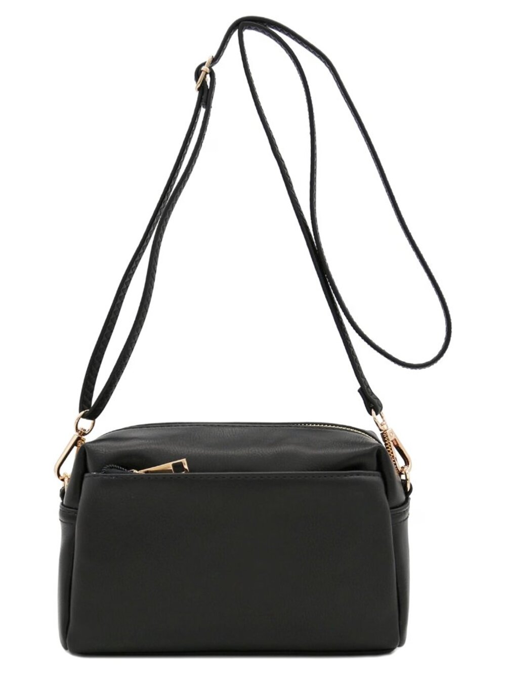 Triple Zip Faux Leather Crossbody Bag Adjustable Strap